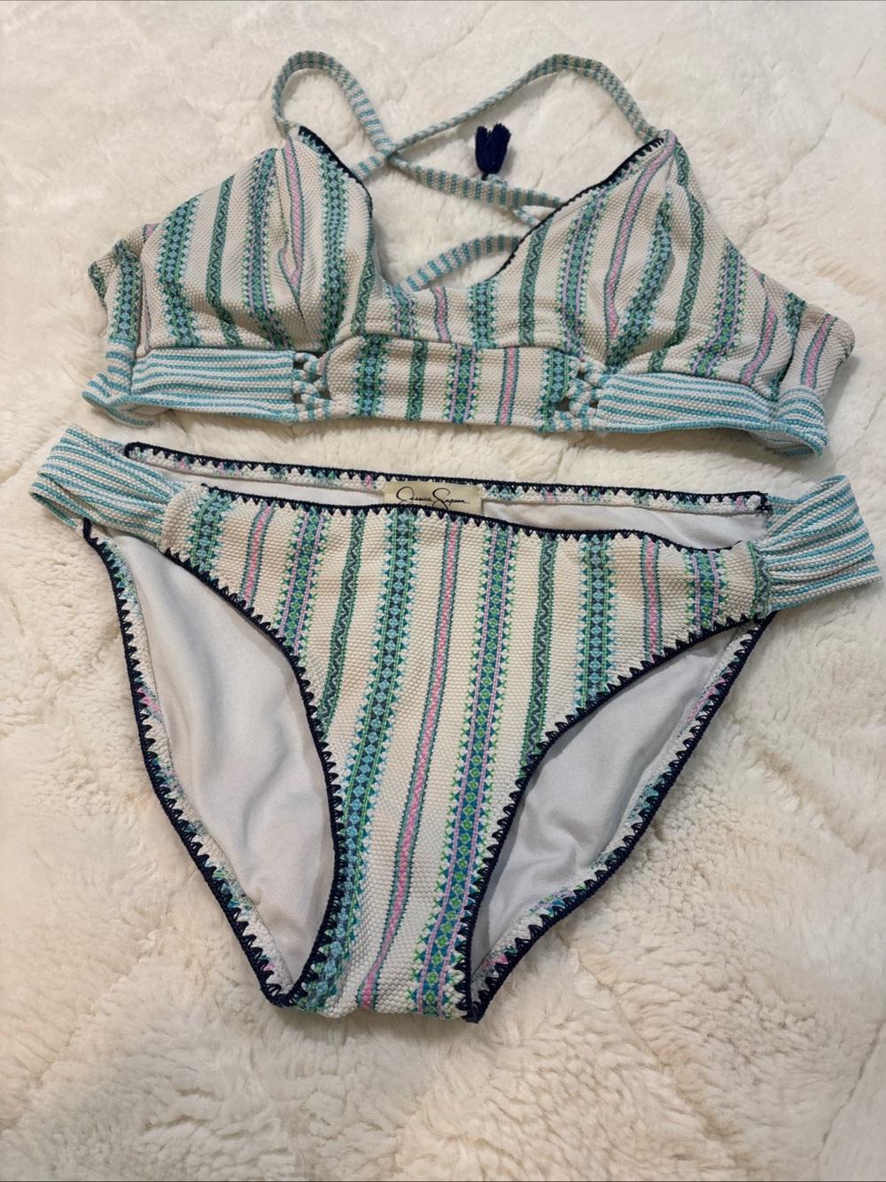 Jessica Simpson Multi Color Striped Bikini Large Removable Padding